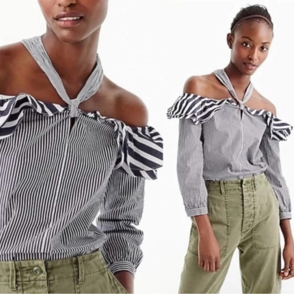 J. Crew Women’s Striped Off the Shoulder Blouse in Blue White Size 4 - Picture 2 of 9